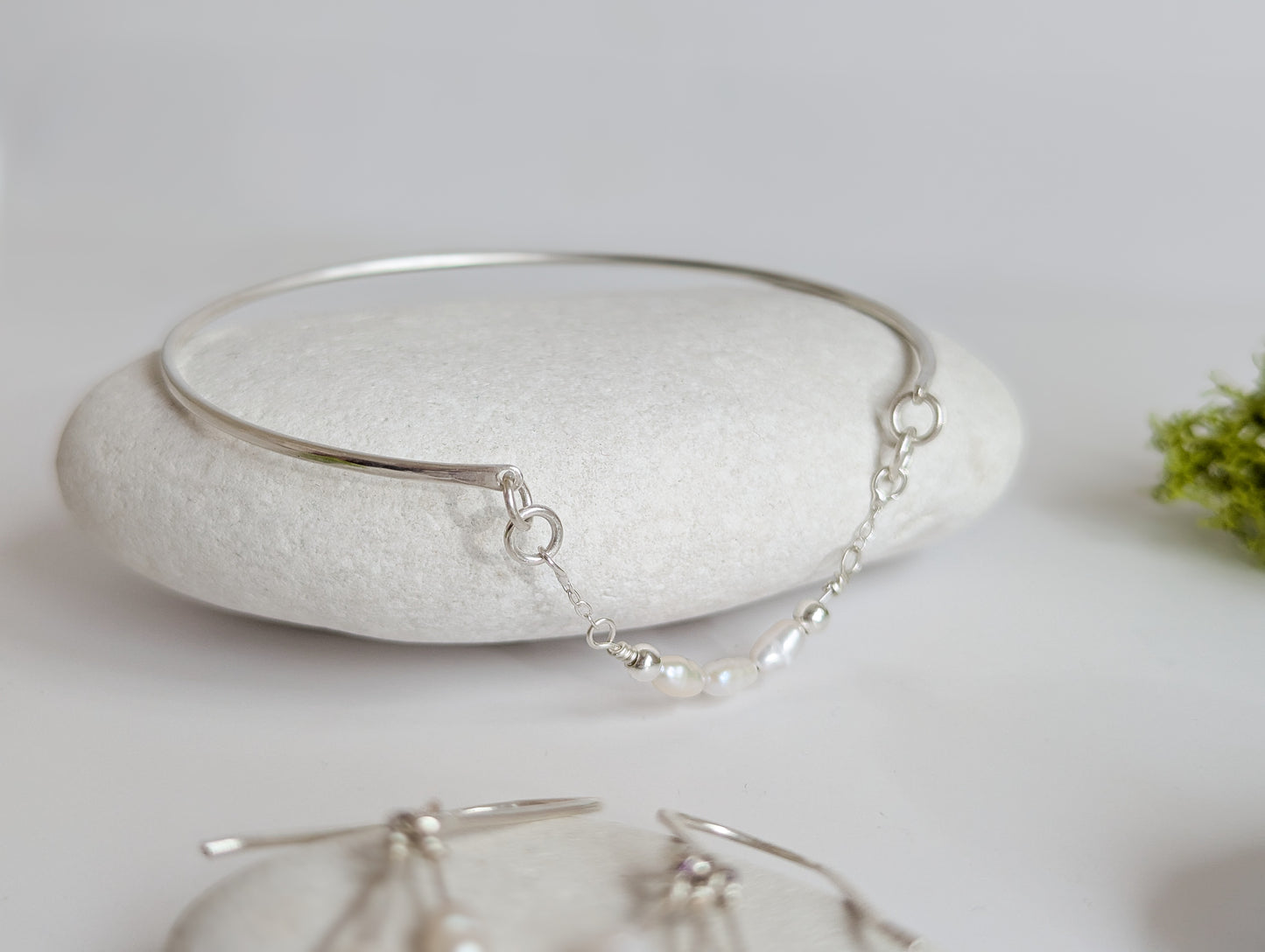 Thin sterling silver dainty cuff bangle with seed pearl bar chain - shows pearl chain detail