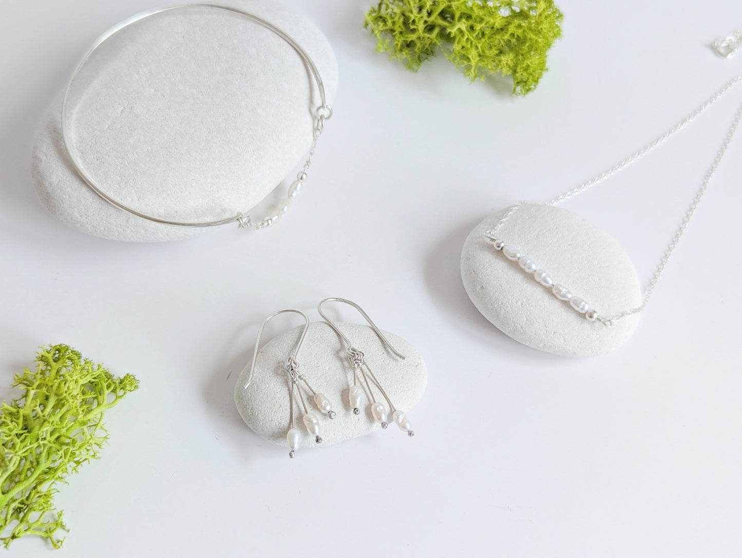 Dainty freshwater seed pearl bar necklace - show demi-parure of full matching seed pearl set, including cuff bracelet, cascade pearl earring and pearl necklace
