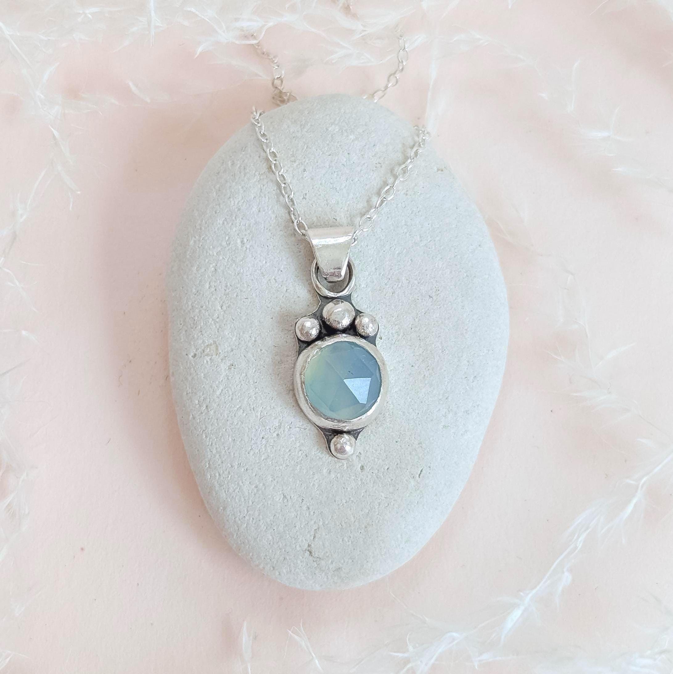 Aqua Blue Chalcedony Drop Necklace | Handmade Sterling Silver