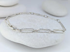 Beachy hammered texture sterling silver long link paperclip bracelet with lobster clasp