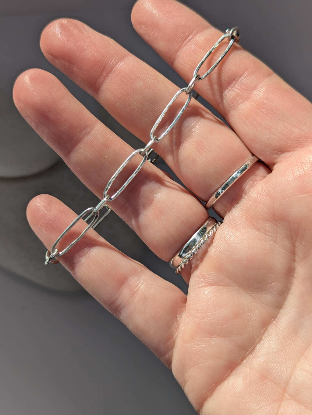 Beachy hammered texture sterling silver long link paperclip bracelet with lobster clasp