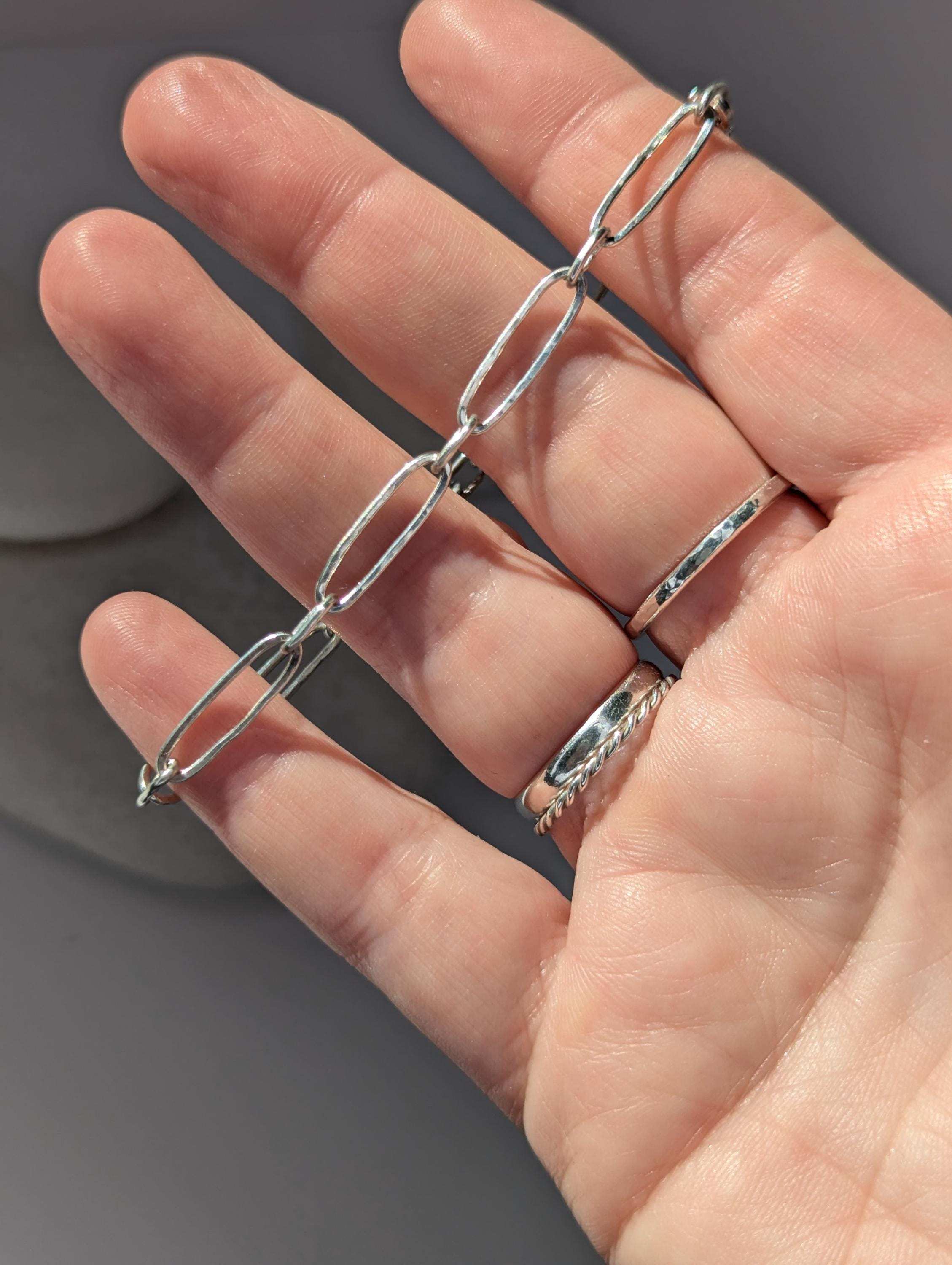 Beachy hammered texture sterling silver long link paperclip bracelet with lobster clasp