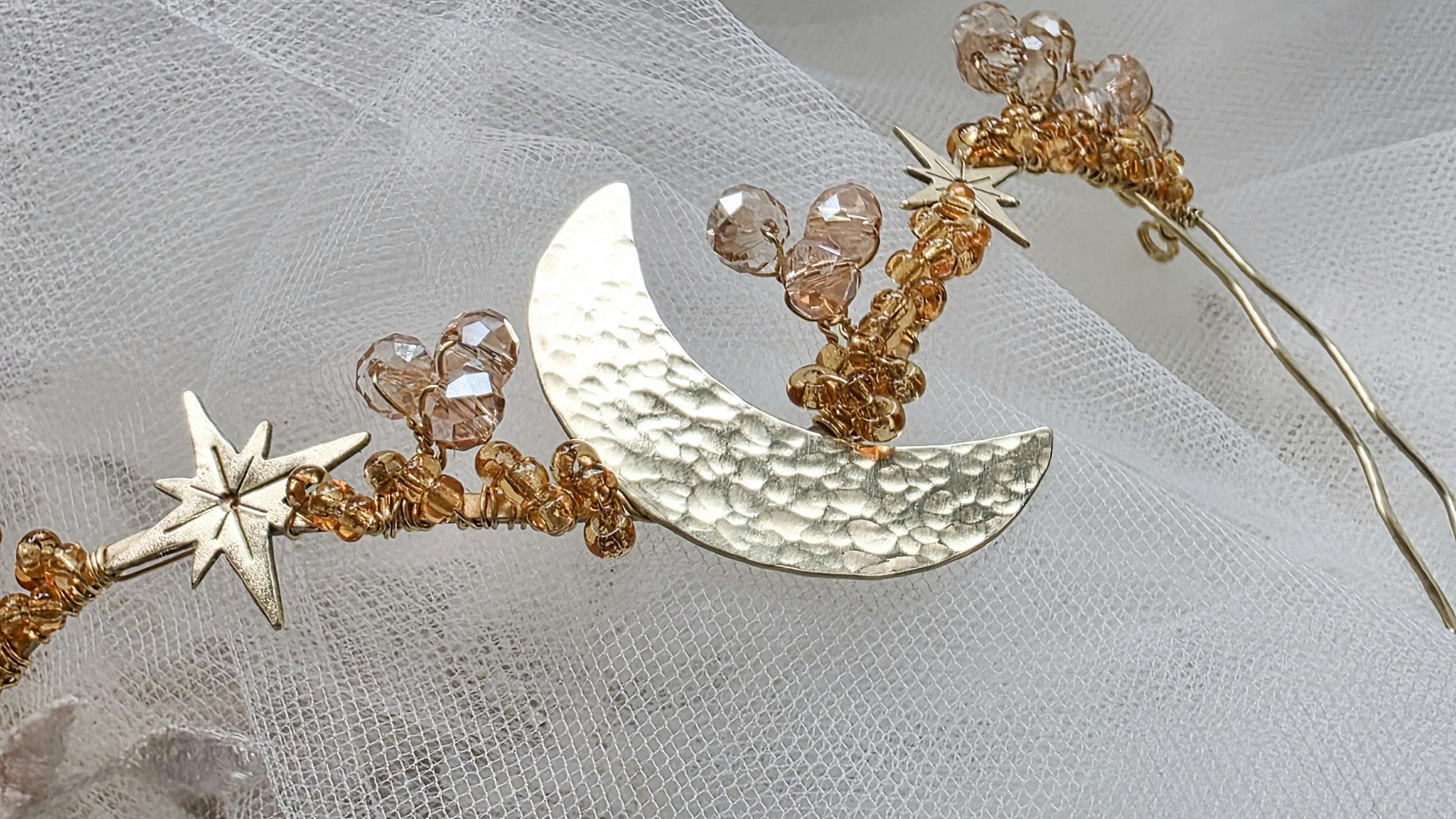 Celestial Star & Moon crystal gold wedding hair vine