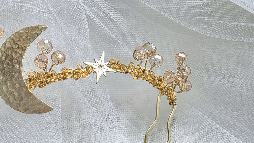 Celestial Star & Moon crystal gold wedding hair vine