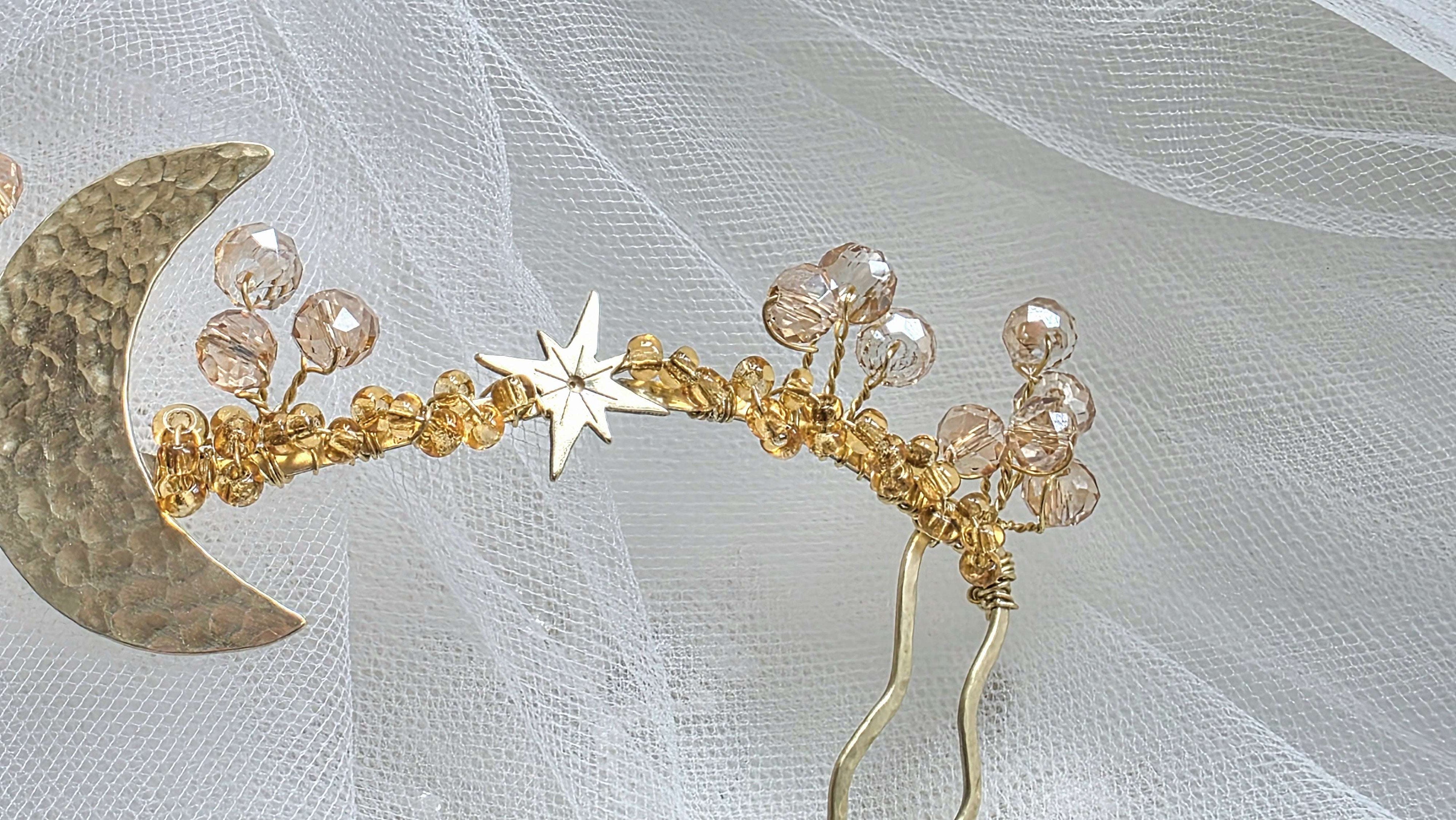Celestial Star & Moon crystal gold wedding hair vine