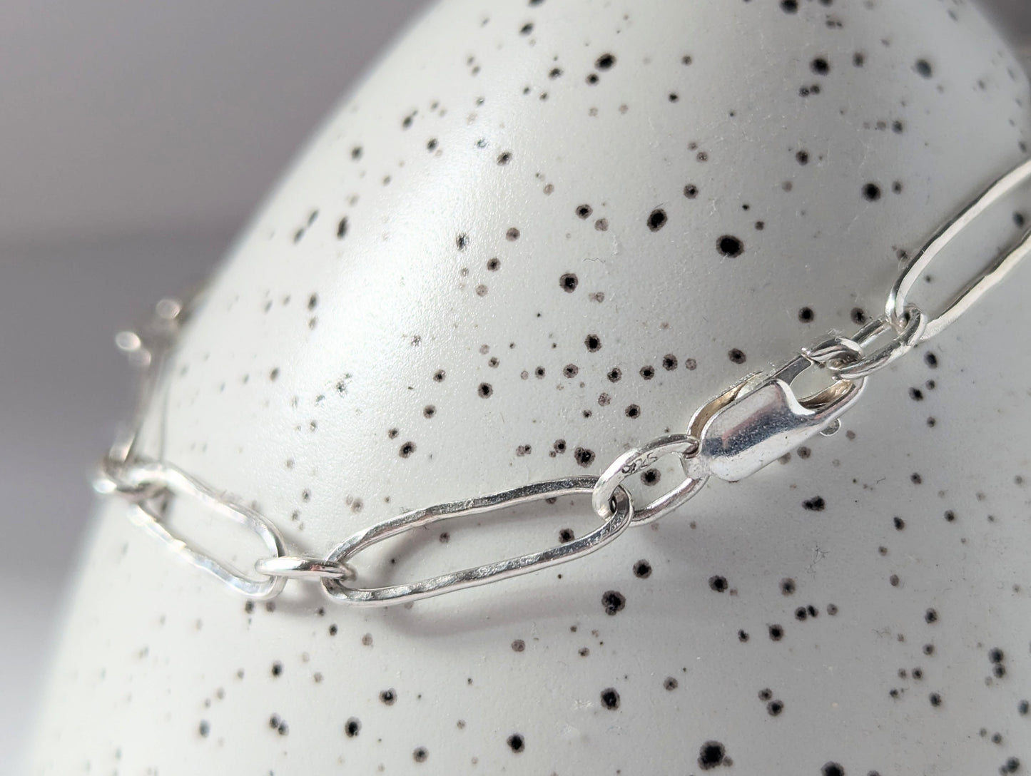 Sterling 925 Silver Paperclip bracelet, Hammered beach inspired organic texture, 8" long for a relaxed fit