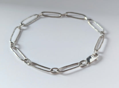 Sterling 925 Silver Paperclip bracelet, Hammered beach inspired organic texture, 8" long for a relaxed fit