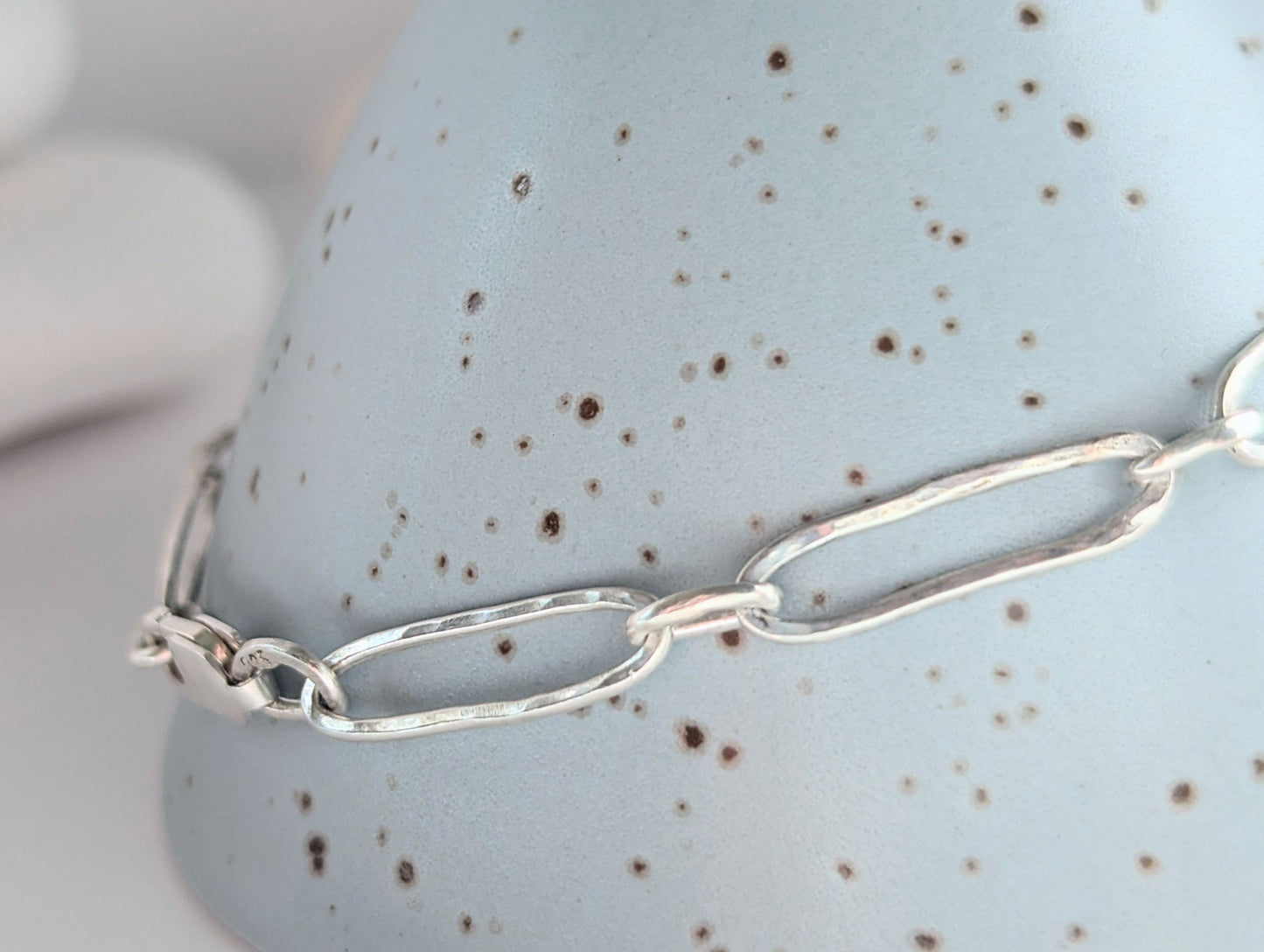 Sterling 925 Silver Paperclip bracelet, Hammered beach inspired organic texture, 8" long for a relaxed fit