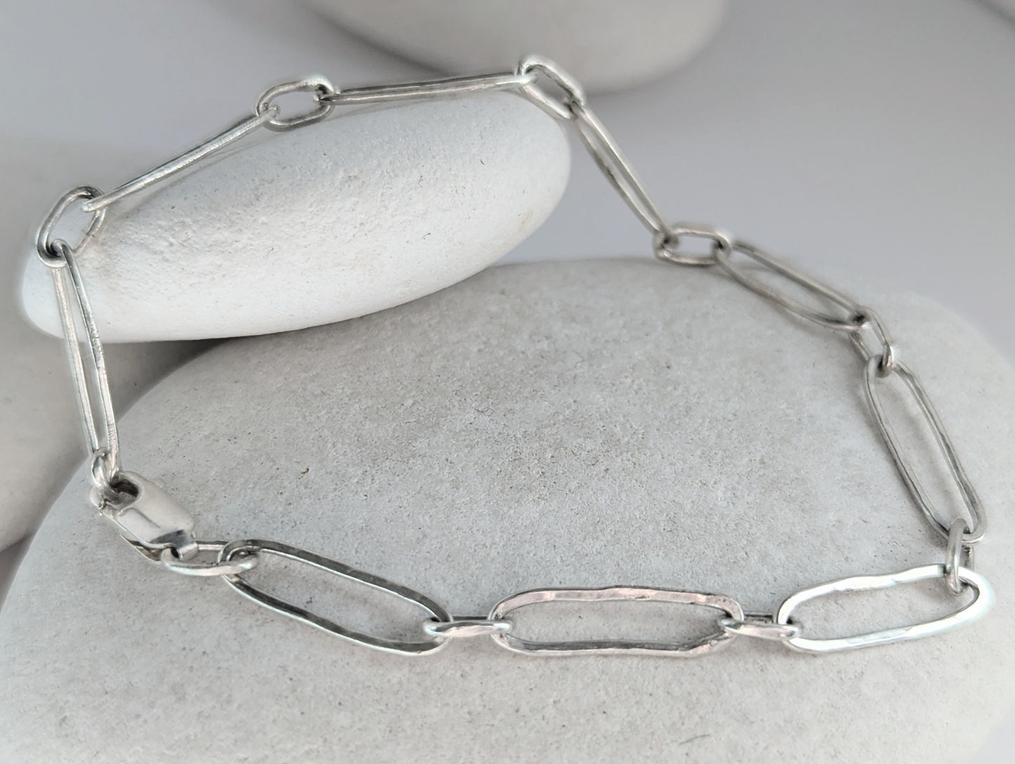 Sterling 925 Silver Paperclip bracelet, Hammered beach inspired organic texture, 8" long for a relaxed fit