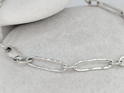 Sterling 925 Silver Paperclip bracelet, Hammered beach inspired organic texture, 8" long for a relaxed fit