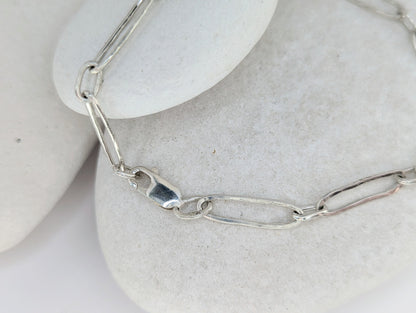 Sterling 925 Silver Paperclip bracelet, Hammered beach inspired organic texture, 8" long for a relaxed fit