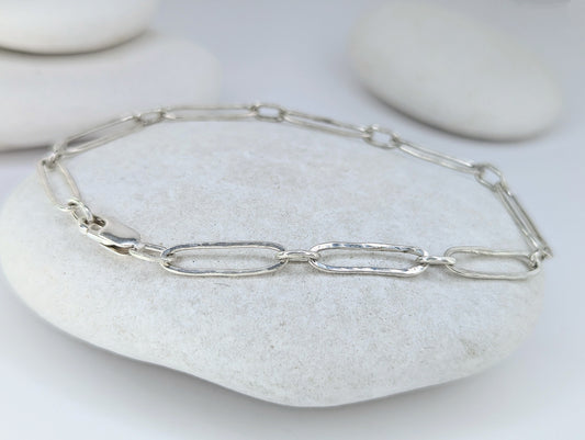 Sterling 925 Silver Paperclip bracelet, Hammered beach inspired organic texture, 8" long for a relaxed fit