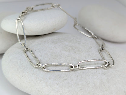 Sterling 925 Silver Paperclip bracelet, Hammered beach inspired organic texture, 8" long for a relaxed fit