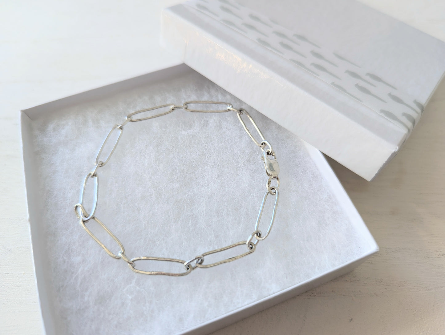 Sterling 925 Silver Paperclip bracelet, Hammered beach inspired organic texture, 8" long for a relaxed fit