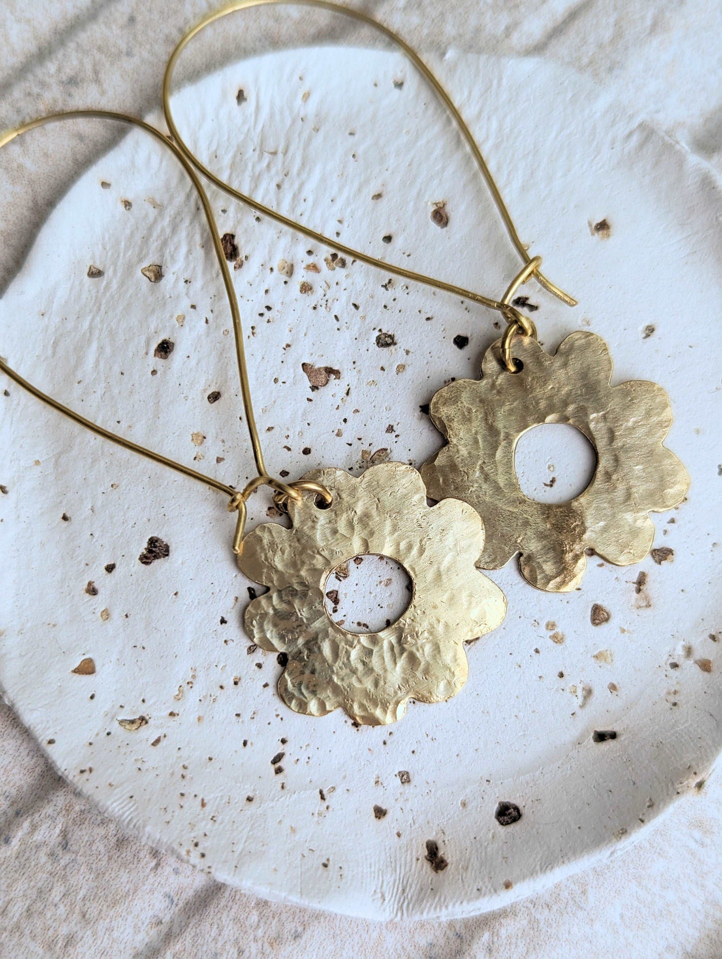 handmade hammered brass daisy hoop earrings