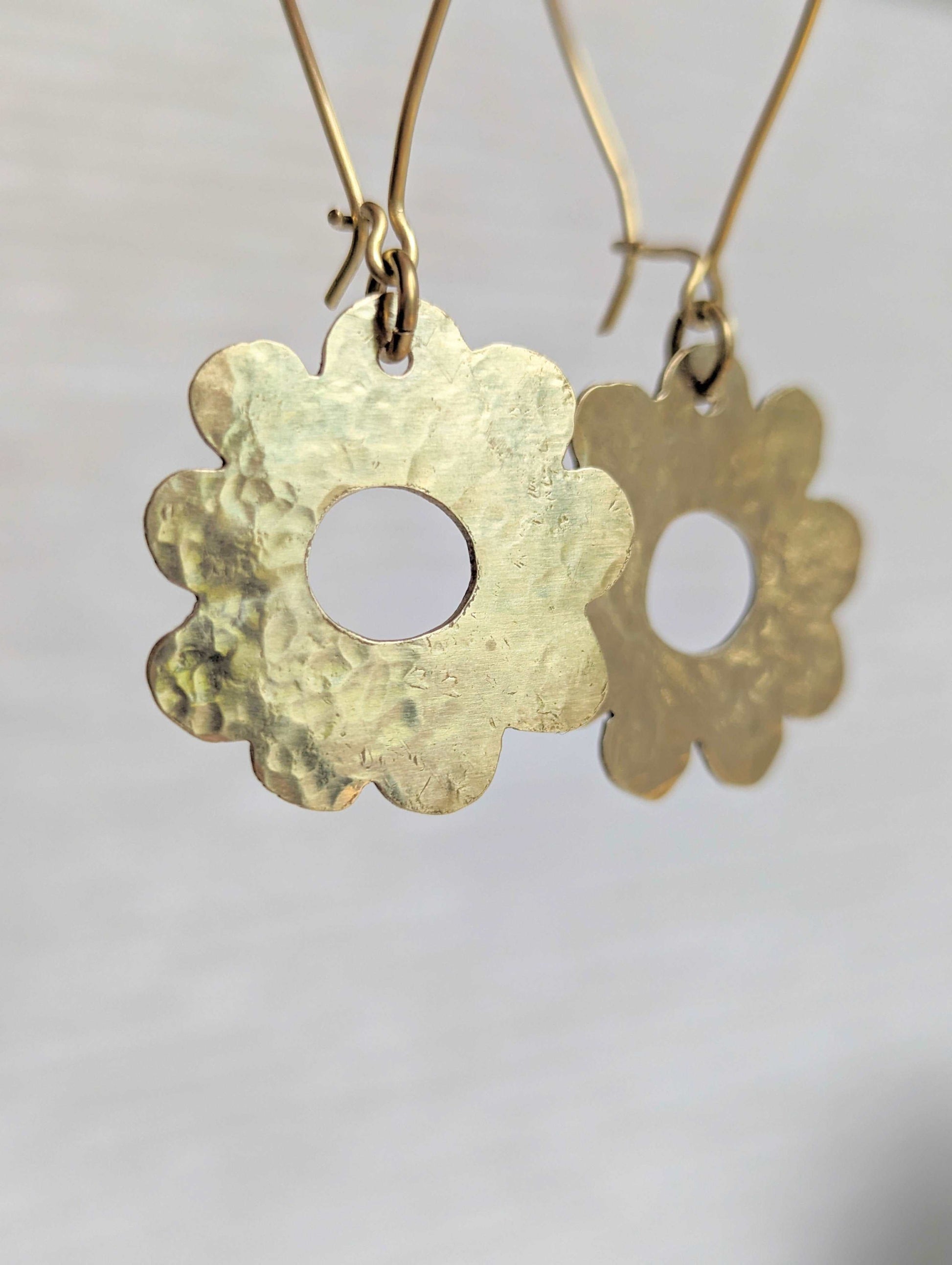 handmade hammered brass daisy hoop earrings