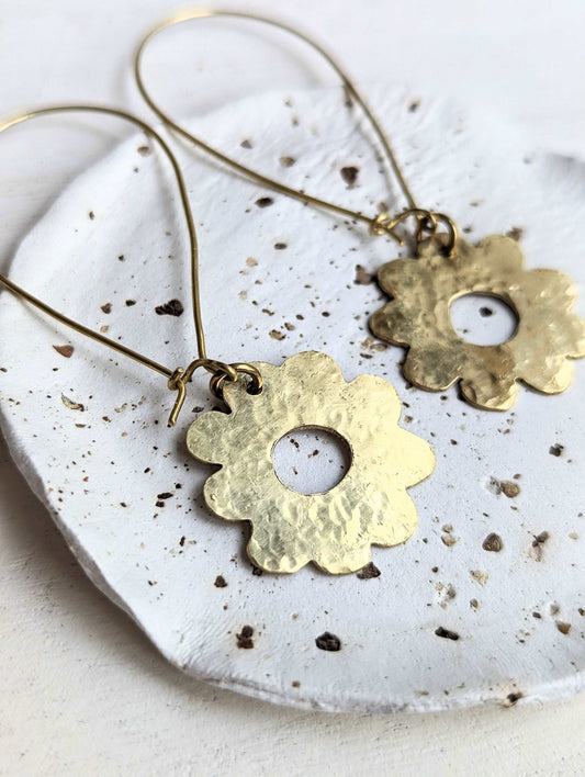 handmade hammered brass daisy hoop earrings