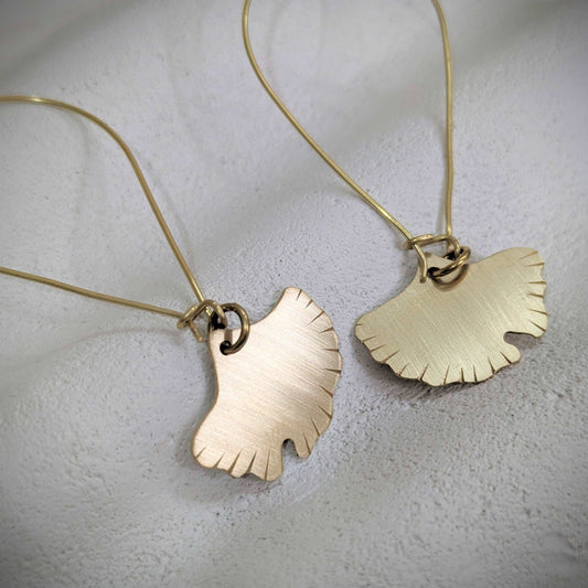 HANDMADE GINGKO BILOBA LEAF SOLID BRASS GOLD HOOP EARRINGS