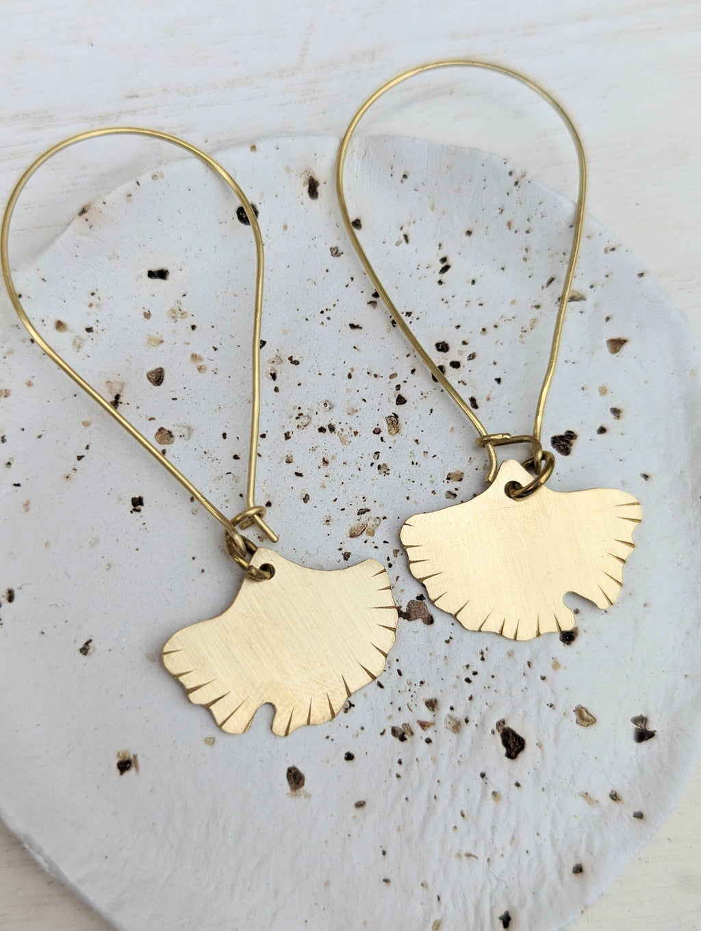 HANDMADE GINGKO BILOBA LEAF SOLID BRASS GOLD HOOP EARRINGS