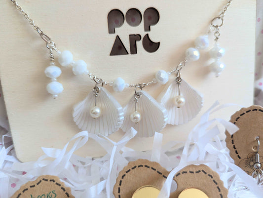 Summer Shell themed acrylic jewellery gift box - necklace, 925 Sterling silver dangle shell earrings, set includes; acrylic necklace, sterling hook dangle earrings and studs