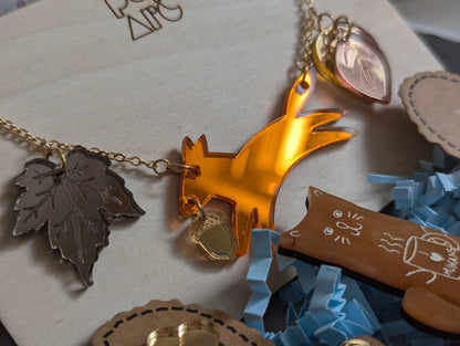 Fox & Leaf themed acrylic jewellery gift box, This set includes; acrylic necklace, dangle earrings and funny cat brooch