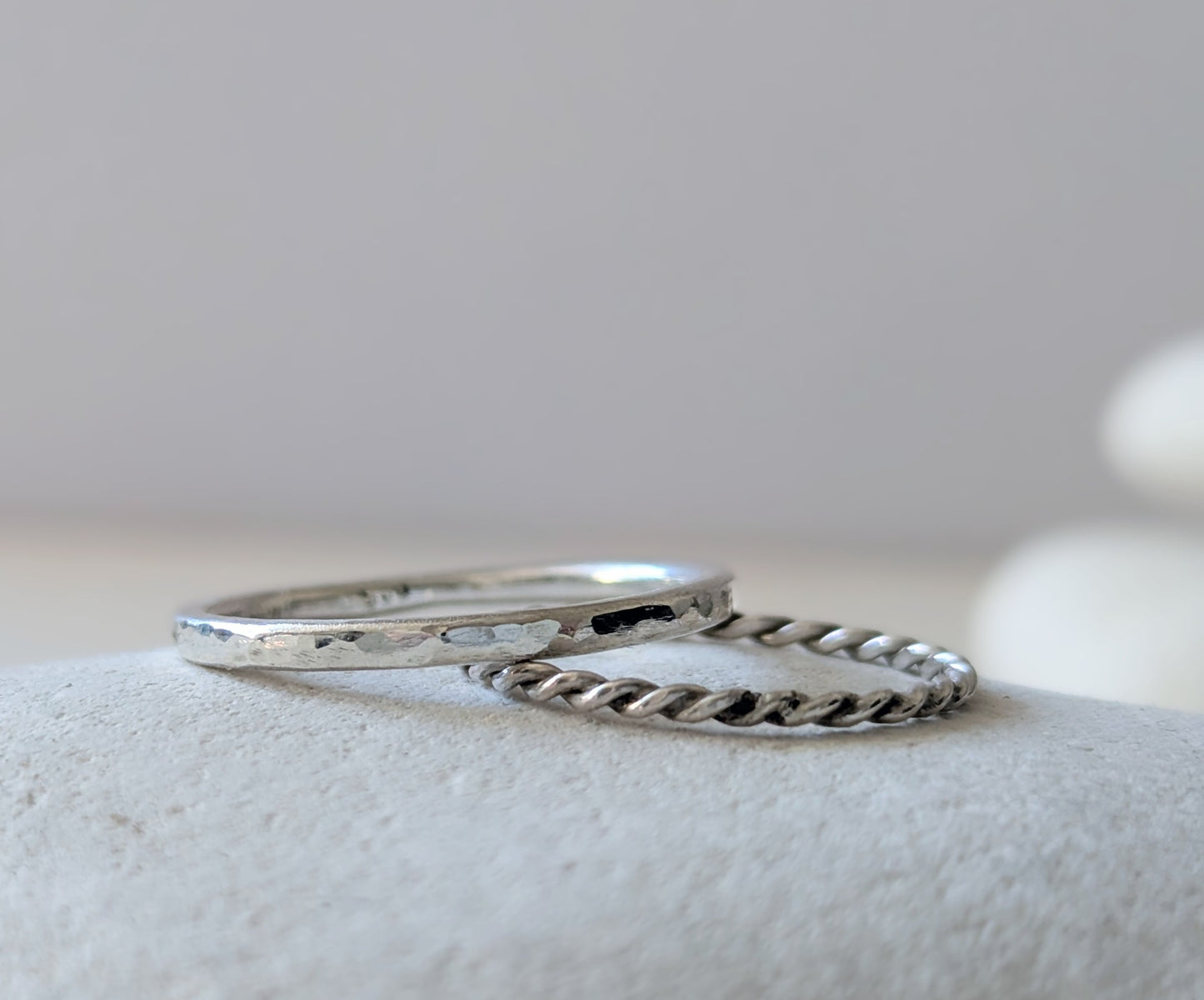 Hammered & twisted rope, slim sterling silver stacking ring bands - minimalist ring set