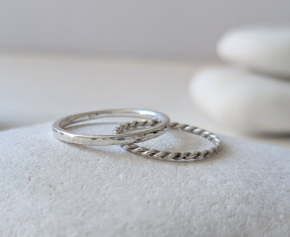 Hammered & twisted rope, slim sterling silver stacking ring bands - minimalist ring set