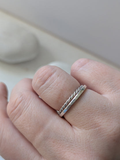 Hammered & twisted rope, slim sterling silver stacking ring bands - minimalist ring set