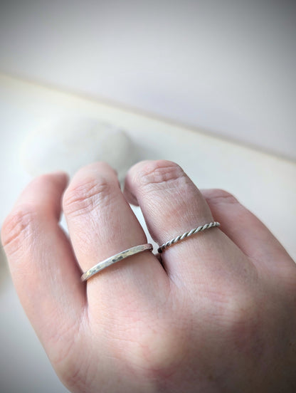 Hammered & twisted rope, slim sterling silver stacking ring bands - minimalist ring set