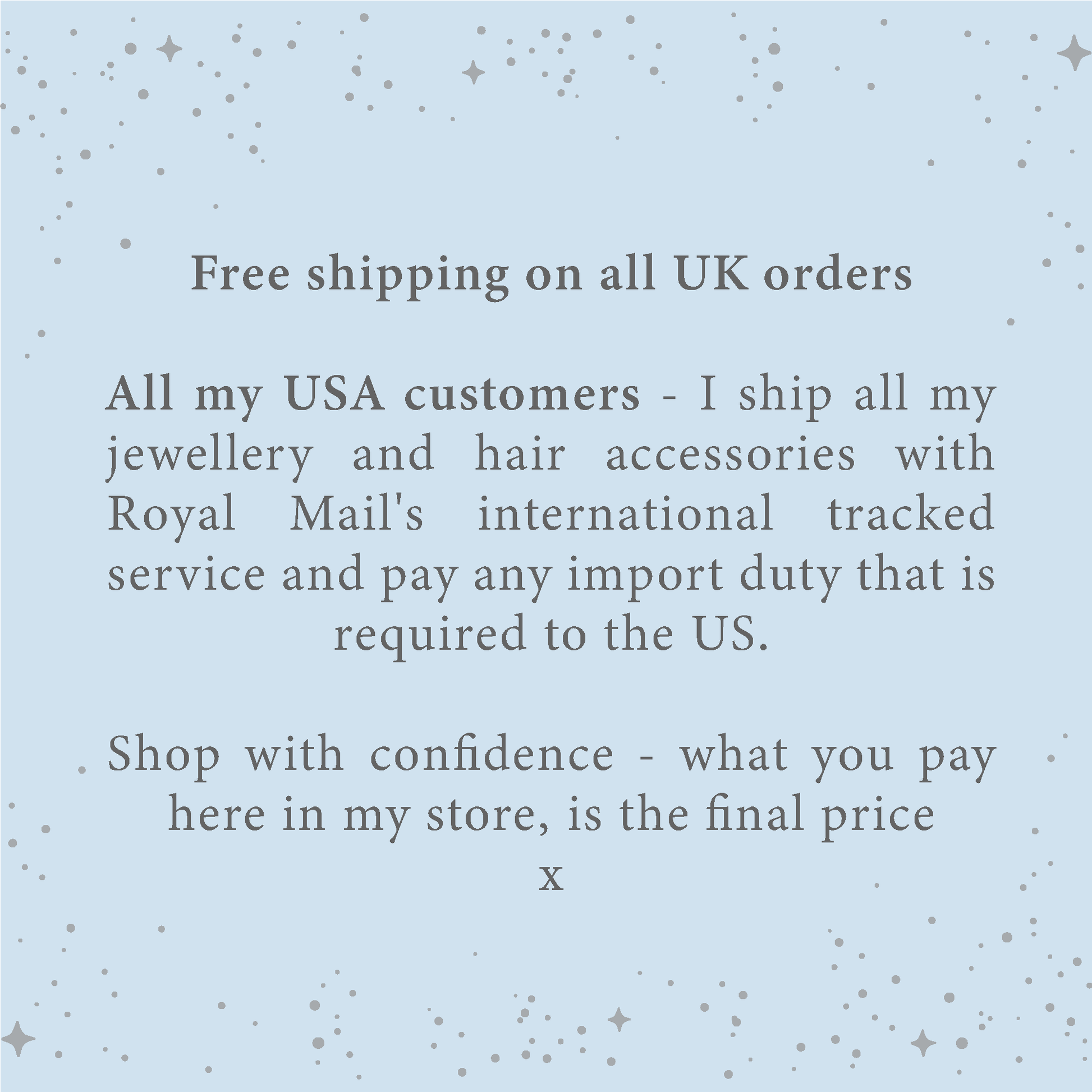Text on a light blue background about free shipping and international shipping policies.