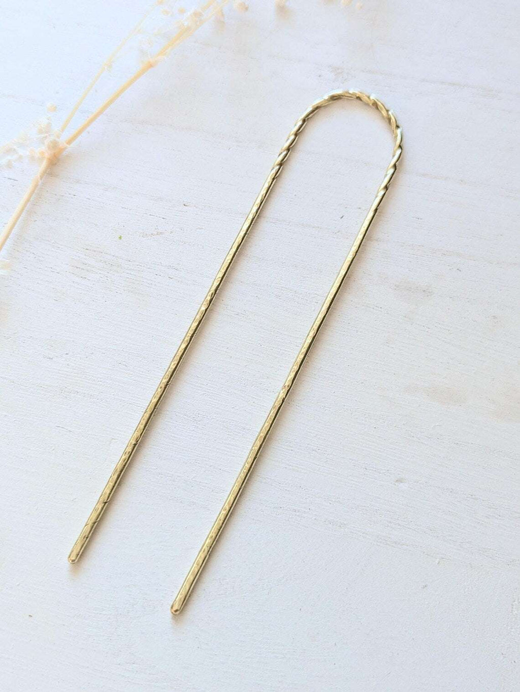 Twist & Hammered gold U pin bun holder Hair fork - full length of twisted and hammered u pin fork