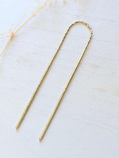 Twist & Hammered gold U pin bun holder Hair fork - full length of twisted and hammered u pin fork