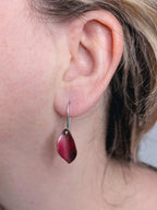 Handcrafted Autumn Leaf Dangle Earrings in Sterling Silver & Copper Patina - worn of ear
