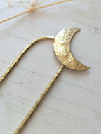 Gold Moon U Pin French bun hair fork - hammered brass moon is offset to the top right of the hair fork