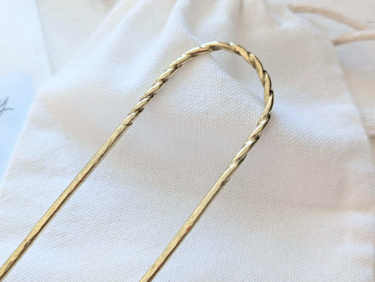 Twist & Hammered gold U pin bun holder Hair fork - close up of twist at the top of hammered u pin fork
