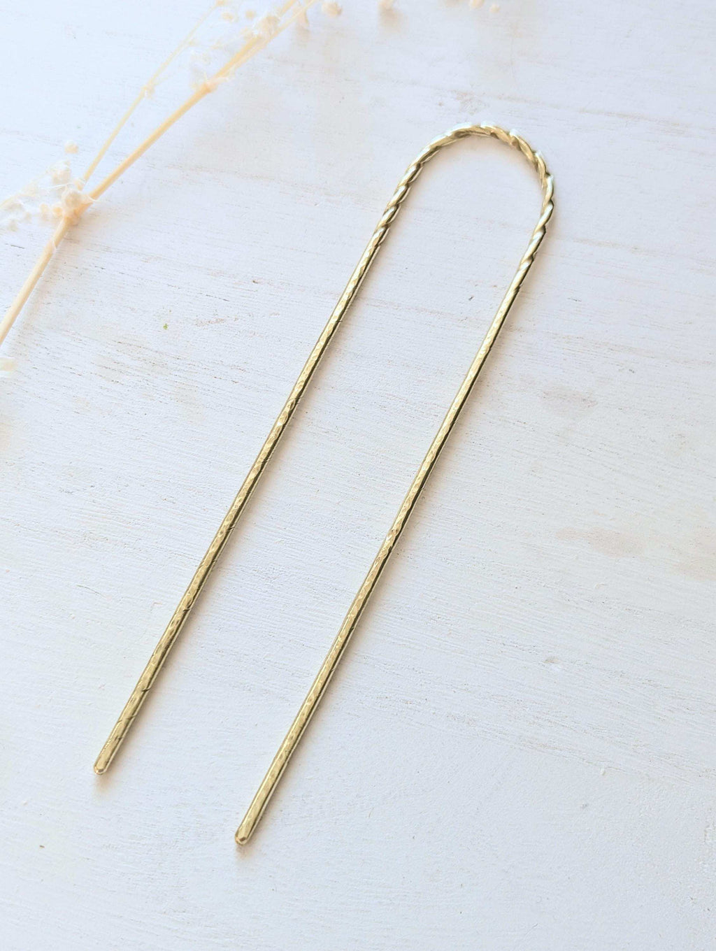 Twist & Hammered gold U pin bun holder Hair fork - full view of twist and hammered u pin fork