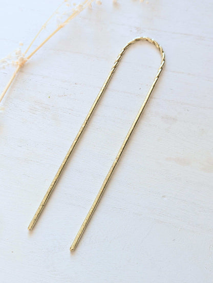Twist & Hammered gold U pin bun holder Hair fork - full view of twist and hammered u pin fork