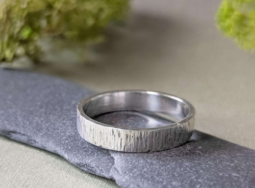 4mm wide bark textured solid sterling silver chunky ring with a Ring box option