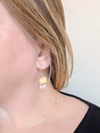 Roman style hammered brass gold squares with 3 seed pearl droplets hanging from each square | 925 Sterling Silver ear wires - mixed metals - shown worn of ear lobe