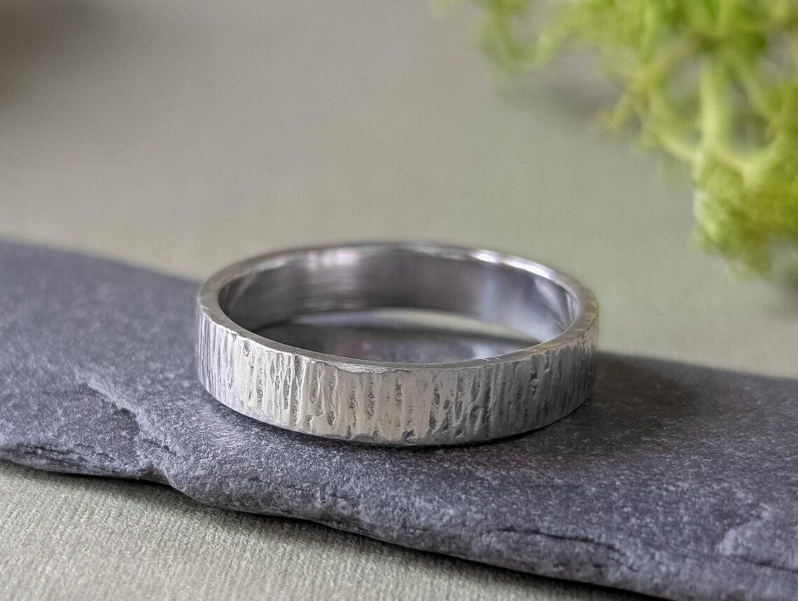 4mm wide bark textured solid sterling silver chunky ring with a Ring box option