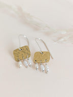 Roman style hammered brass gold squares with 3 seed pearl droplets hanging from each square | 925 Sterling Silver ear wires - mixed metals 