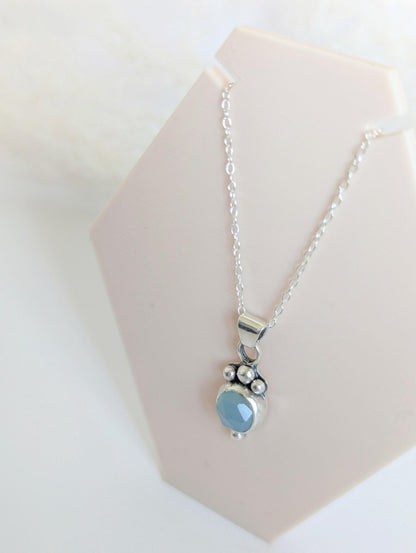 Dainty aqua blue Chalcedony rose cut sterling silver water drop pendant necklace