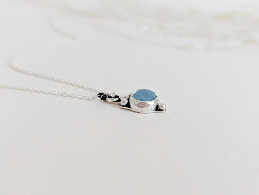 Dainty aqua blue Chalcedony rose cut sterling silver water drop pendant necklace