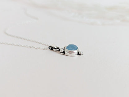 Dainty aqua blue Chalcedony rose cut sterling silver water drop pendant necklace