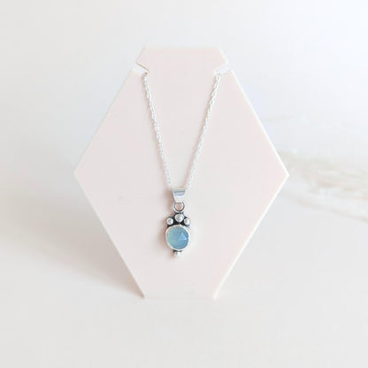 Dainty aqua blue Chalcedony rose cut sterling silver water drop pendant necklace