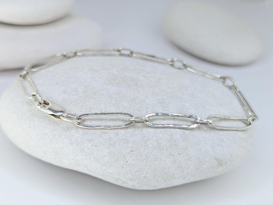 Beachy hammered texture sterling silver long link paperclip bracelet with lobster clasp