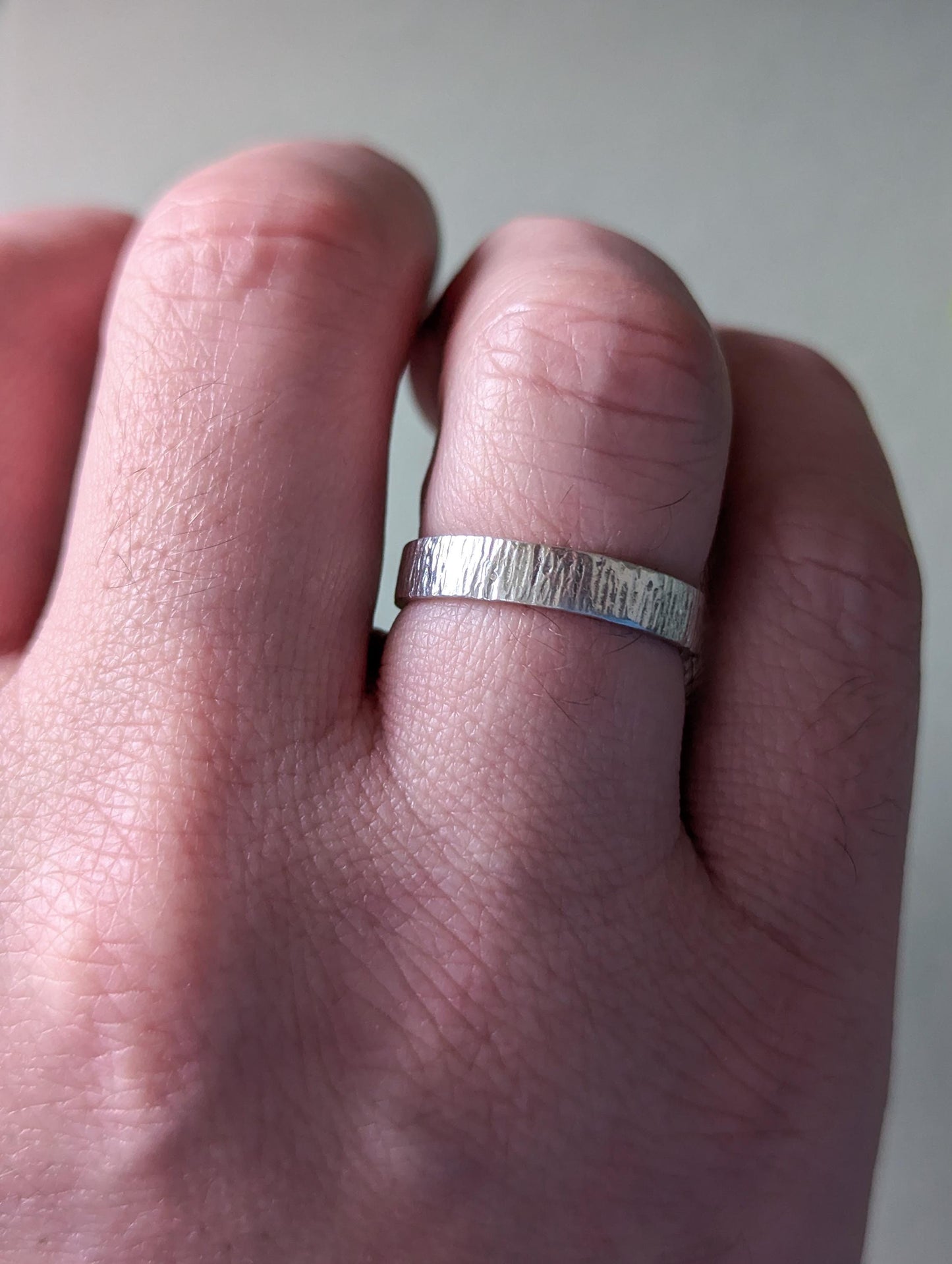 4mm wide bark textured solid sterling silver chunky ring with a Ring box option