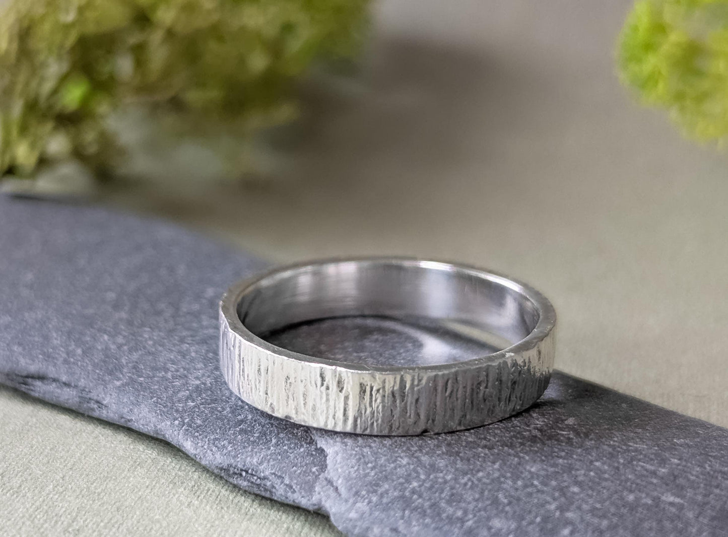 4mm wide bark textured solid sterling silver chunky ring with a Ring box option