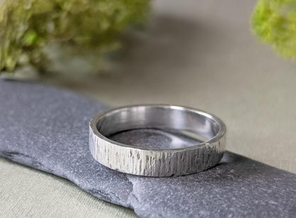 4mm wide bark textured solid sterling silver chunky ring with a Ring box option
