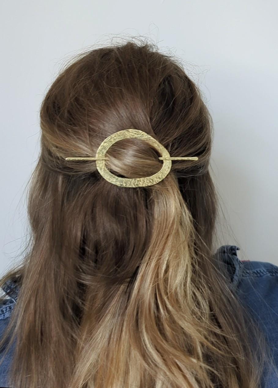 Pebble gold hammered brass round hair stick barrette bun holder